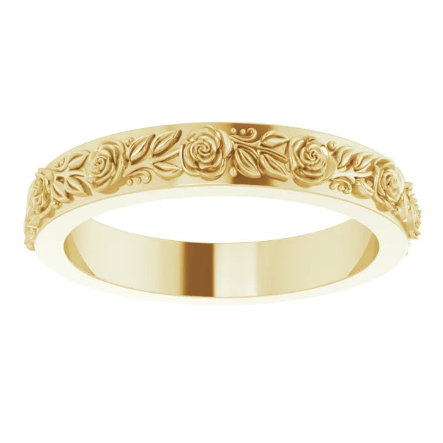 14K Yellow Gold 2.7 mm Floral Flat Band