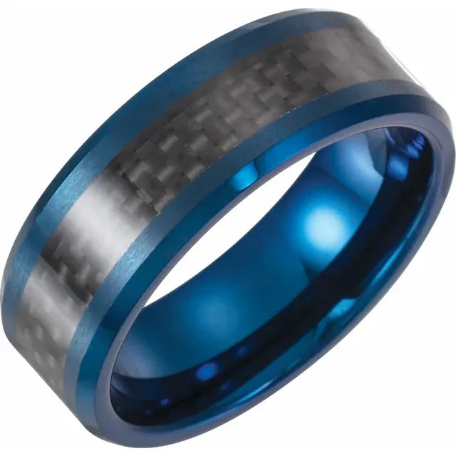 Blue Enameled Tungsten Beveled-Edge Carbon Fiber Inlay Comfort-Fit Band