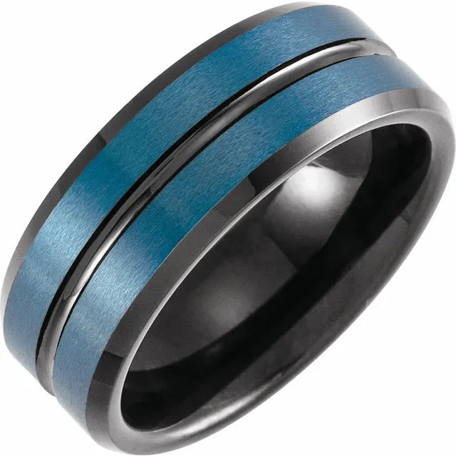 Black & Blue PVD Tungsten Beveled-Edge Grooved Comfort-Fit Band