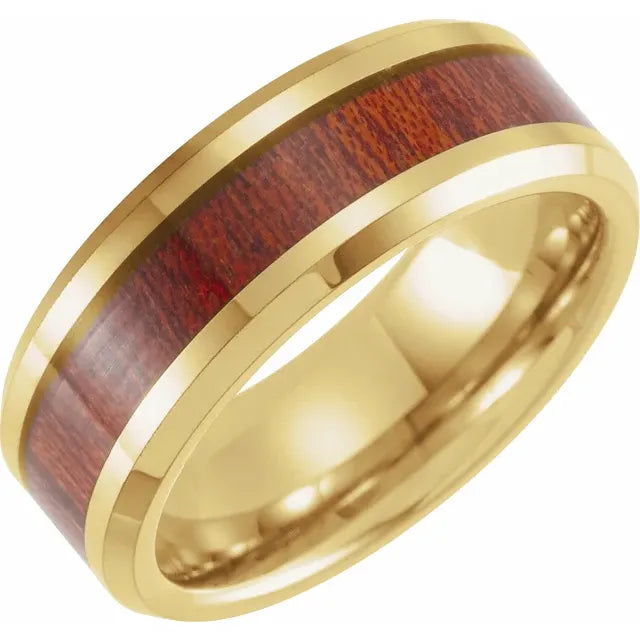 18K Yellow Gold PVD Tungsten  Beveled-Edge Walnut Wood Inlay