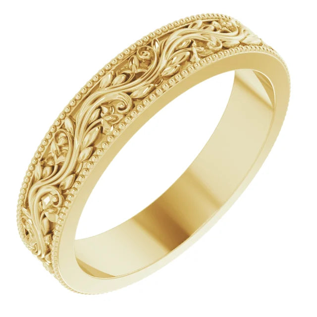 14K Yellow Gold  Milgrain Edge Floral Flat Band