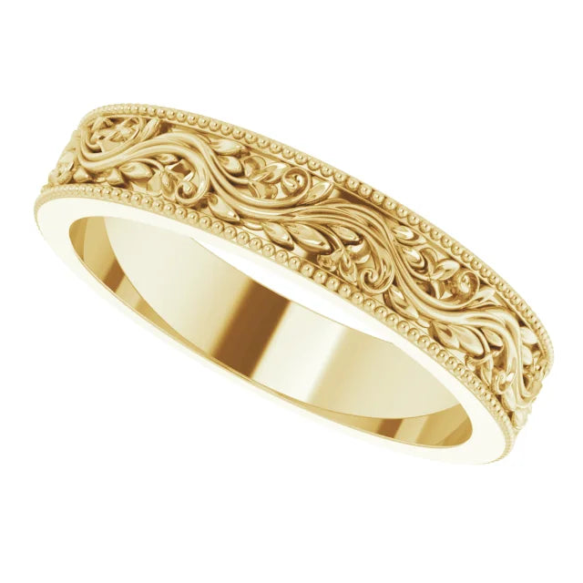 14K Yellow Gold  Milgrain Edge Floral Flat Band