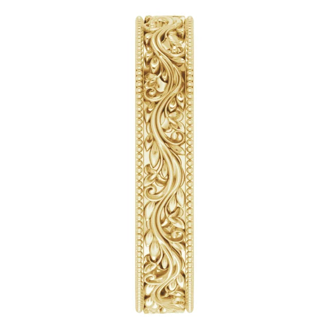 14K Yellow Gold  Milgrain Edge Floral Flat Band