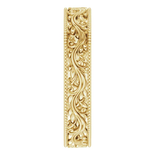 14K Yellow Gold  Milgrain Edge Floral Flat Band