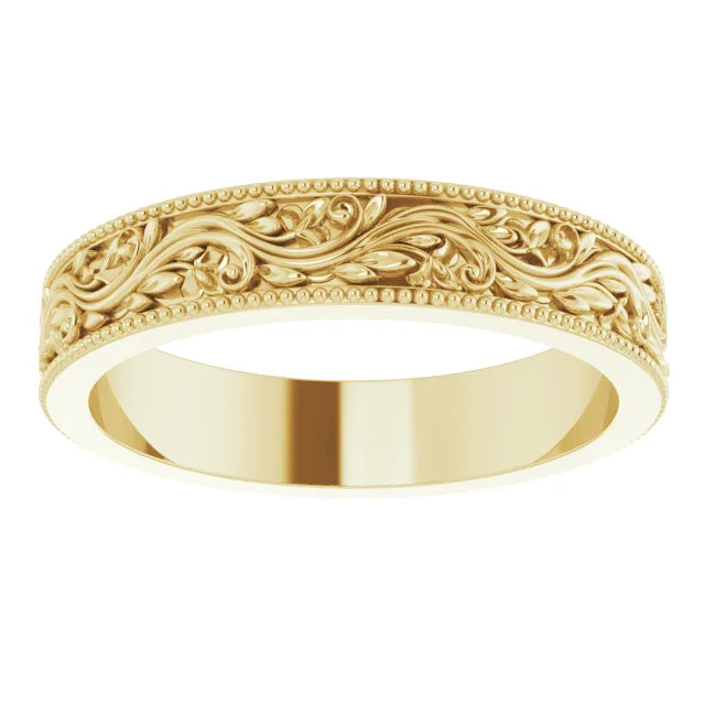 14K Yellow Gold  Milgrain Edge Floral Flat Band