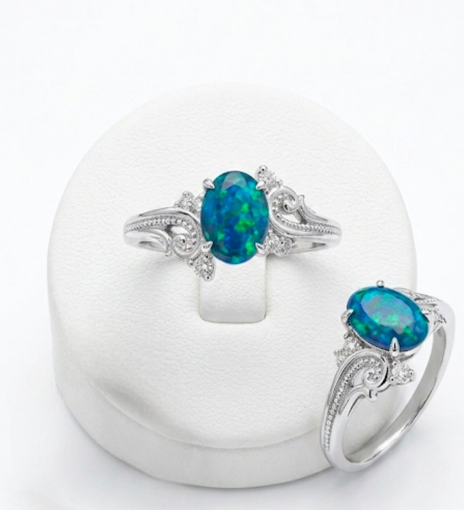 Natural Black Opal & Diamond Ring